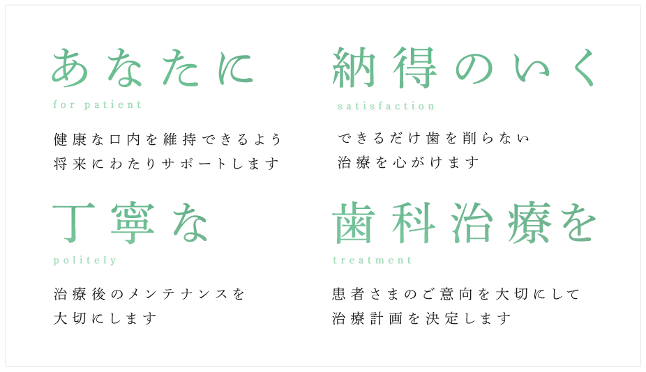 あなたに納得のいく
丁寧な歯科治療を 健康な口内を維持できるよう将来にわたりサポートします できるだけ歯を削らない治療を心がけます できるだけ歯を削らない治療を心がけます 患者さまのご意向を大切にして
治療計画を決定します